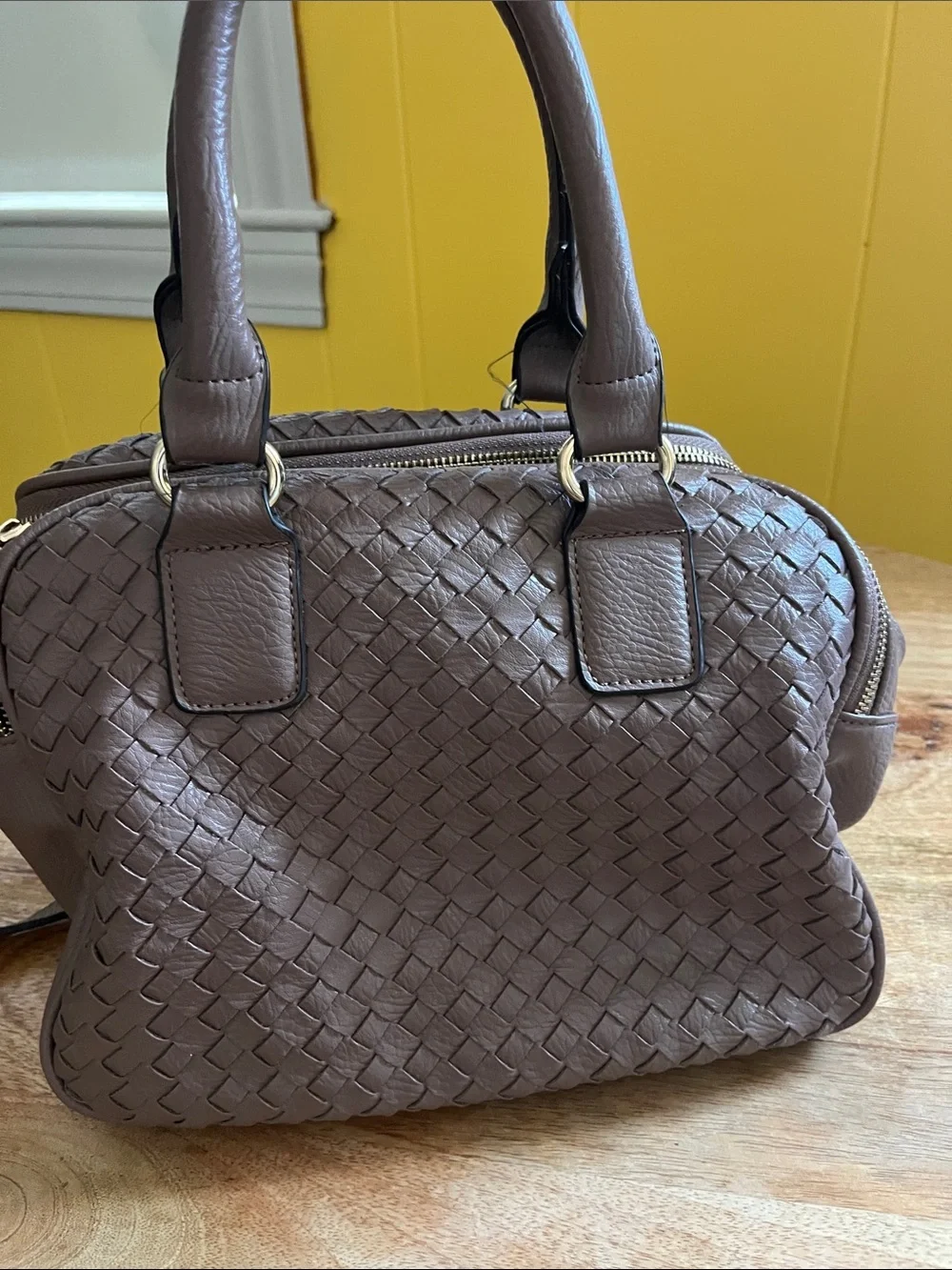 Woven Leather Satchel in Taupe